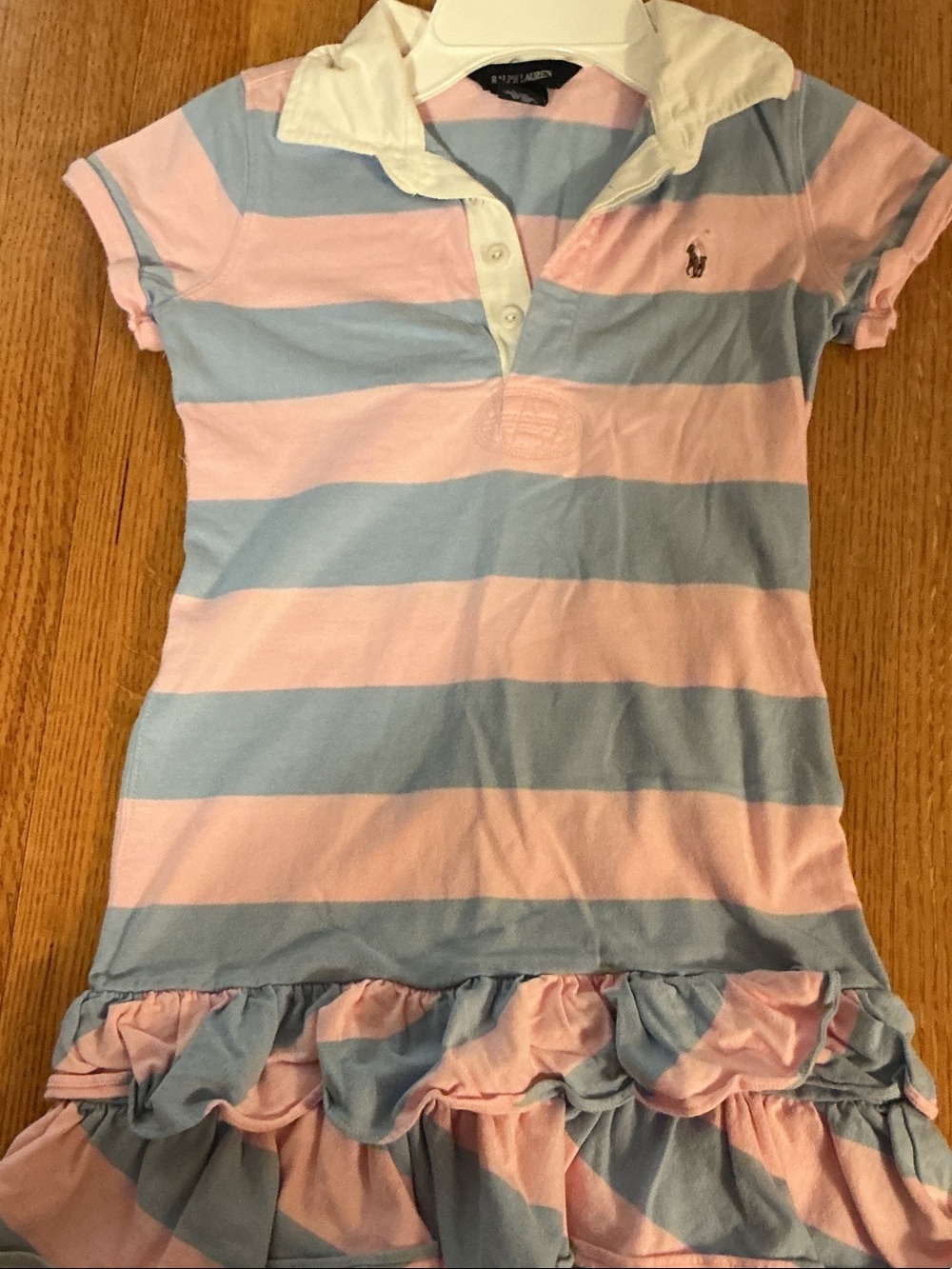 Ralph Lauren Girls Pink & Blue Striped Polo Dress with Ruffle Hem